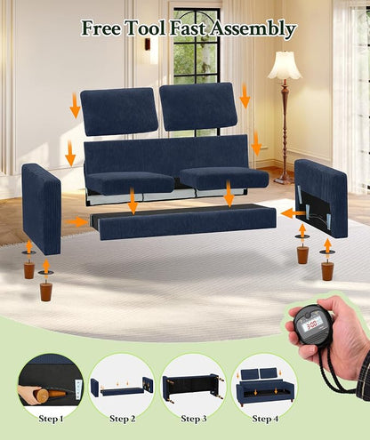 Welzona 70.2" Couches for Living Room, Comfy U Shaped Couch Blue 7.1" Thicker Cushion, Sofas for Living Room Tool-Free Setup, Loveseat with Ottoman 7058lbs Support, Corduroy Couch for Bedroom, Office