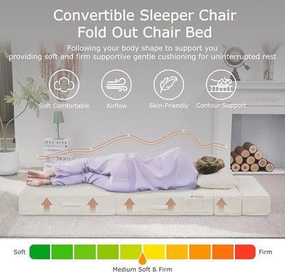 Folding Sofa Bed, 4 in 1 Convertible Sleeper Chair with Pillow, Single Memory Foam Fold Out Chair Bed, Modern Floor Futon Sofa Couch Mattress for Living Room/Guest/Apartment,Beige