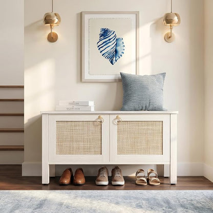 SICOTAS Rattan Storage Bench Boho Storage Chest with 2 Safety Hinges | Wood Storage Truck Box for Bedroom, Living Room, Entryway, Supports 220 lb, White Oak