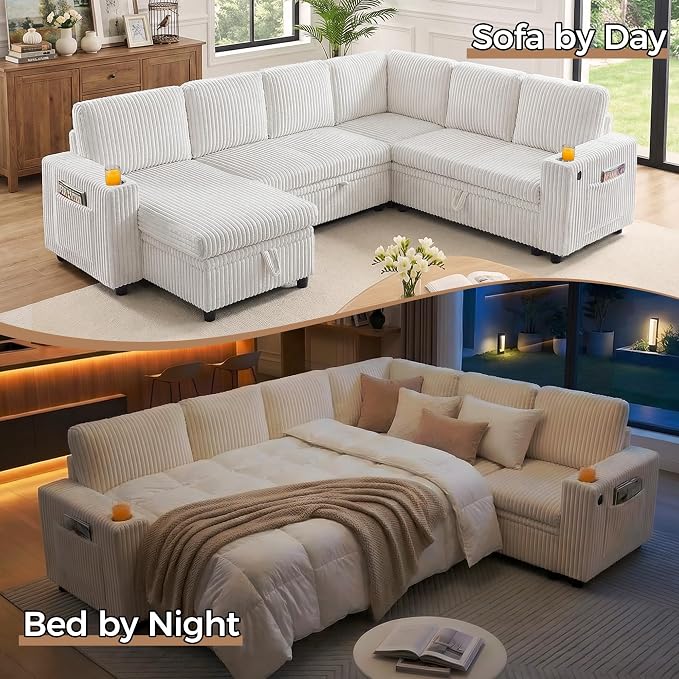 Sectional Sleeper Sofa with Pull Out Bed, 7 Seats U Shaped Sleeper Sofa with Storage Chaise, USB Ports, Cup Holders, Plush Corduroy Sectional Couch for Living Room, Beige