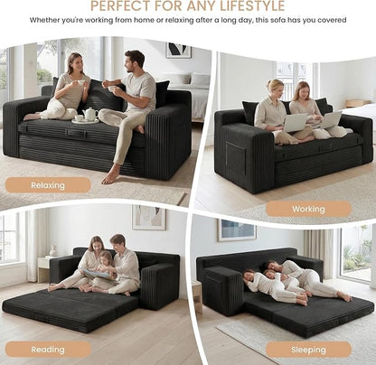 Boneless Couch Sofa Bed, 70'' Convertible Tri-Folding Futon Sleeper with Handle & Side Pockets, Pull Out Couch Bed with Hook and Loop No Assembly for Small Space,Living Room & Bedroom
