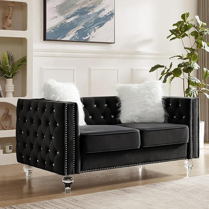 60" Chesterfield Sofa, Velvet Mid-Century Modern Upholstered Loveseat Sofa with 2 Throw Pillows and Acrylic Legs, Nailhead Button Tufted Vintage Couch for Living Room, Apartment, Black