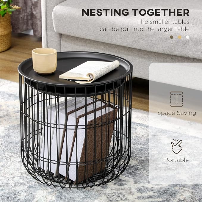 HOMCOM Nesting Coffee Tables, Round Coffee Table Set of 2 with Steel Wired Basket Body and Removable Top, Stacking End Tables Blanket Storage for Living Room, Black
