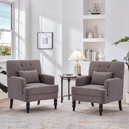 HUIMO Tufted Club Chair Set of 2 with Lumbar Pillow,Accent Chair Upholstered Button Armchair, Linen Fabric Sofa Chairs for Bedroom, Living Room, Mid Century Modern with Reading Chair (2, Gray)