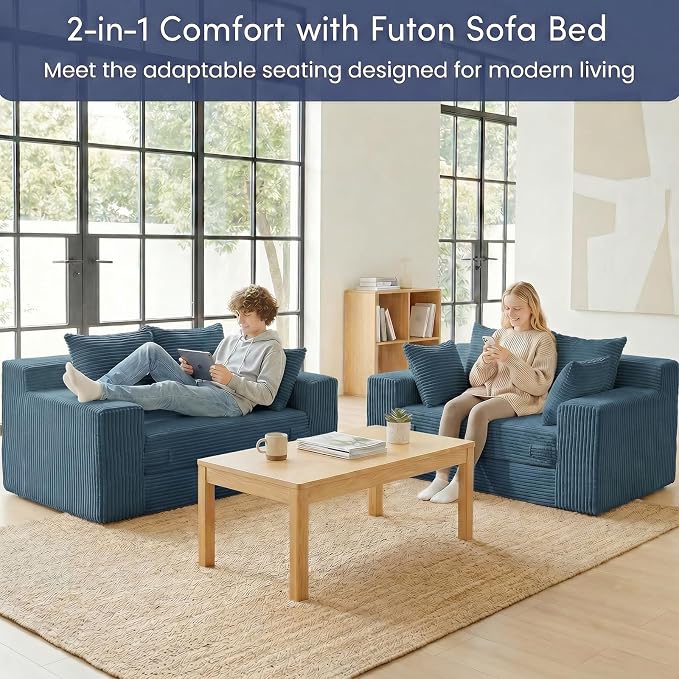 cidludto Convertible Sofa Bed, Boneless Couch 2 in 1 Loveseat Folding Couch Bed Foldable, Chair Bed & Futon Sofa Bed, Small Corduroy Pull Out Sofa with 4 Pillows for Living Room, Blue