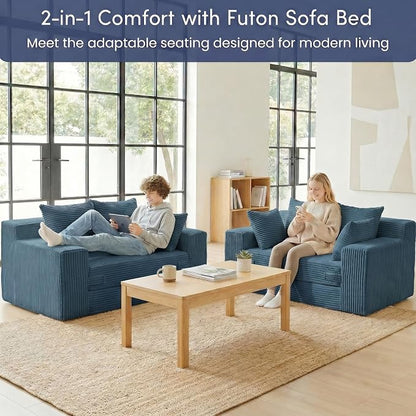 cidludto Convertible Sofa Bed, Boneless Couch 2 in 1 Loveseat Folding Couch Bed Foldable, Chair Bed & Futon Sofa Bed, Small Corduroy Pull Out Sofa with 4 Pillows for Living Room, Blue