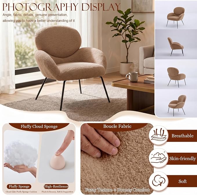 Small Accent Chair Set of 2,Sherpa Chair with Love Back, Boucle Chairs with Metal Legs, Comfy Modern Reading Chairs/Sherpa Accent Chair with Thick High-Elastic Sponge/Cream Style Room (Camel)