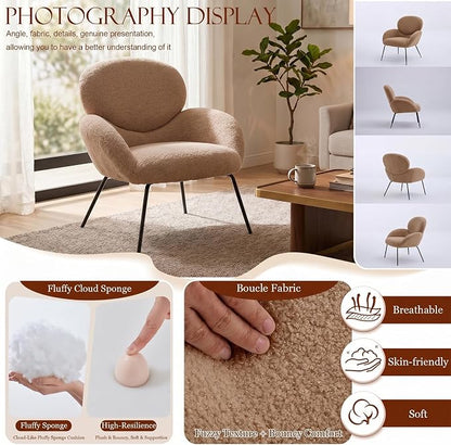 Small Accent Chair Set of 2,Sherpa Chair with Love Back, Boucle Chairs with Metal Legs, Comfy Modern Reading Chairs/Sherpa Accent Chair with Thick High-Elastic Sponge/Cream Style Room (Camel)
