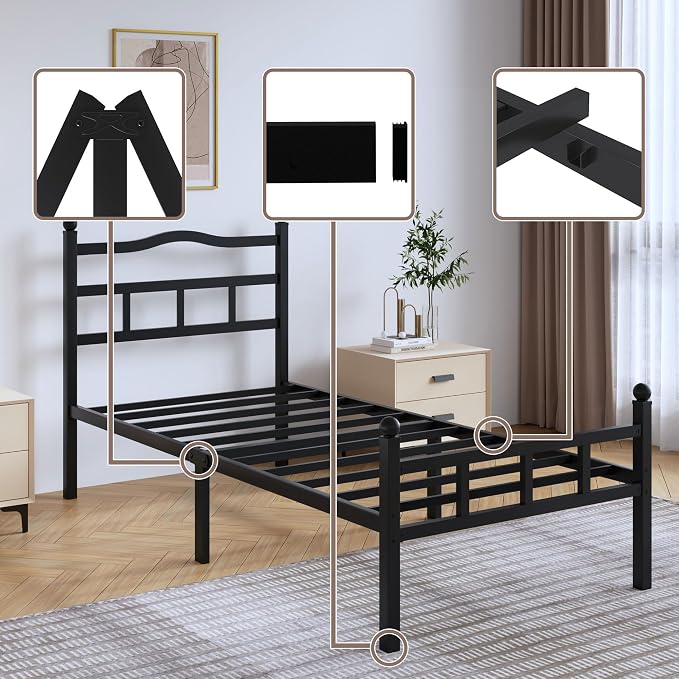 SHOANED 14 Inch Metal Bed Frame - Twin Size Heavy Duty Bedframe with Headboard & Footboard Black Basic Steel Slats Platform No Box Spring Needed/Easy Assembly/Noise Free