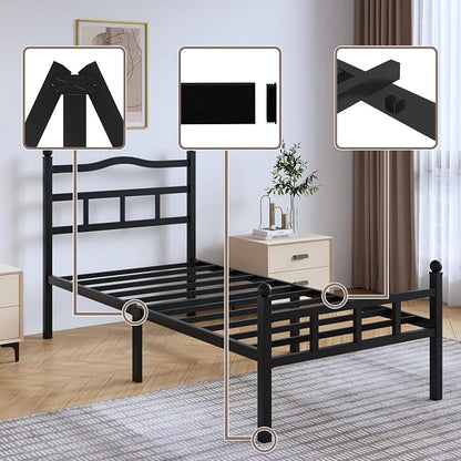 SHOANED 14 Inch Metal Bed Frame - Twin Size Heavy Duty Bedframe with Headboard & Footboard Black Basic Steel Slats Platform No Box Spring Needed/Easy Assembly/Noise Free
