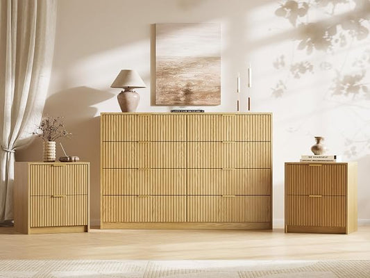 MAISONARIA 3-Piece Dresser Bedroom Set, 8 Drawer Dresser & 2 Drawer Nightstands with Gold Handles, Fluted Wood Chest of Drawers for Bedroom, Living Room, Entryway, Nature
