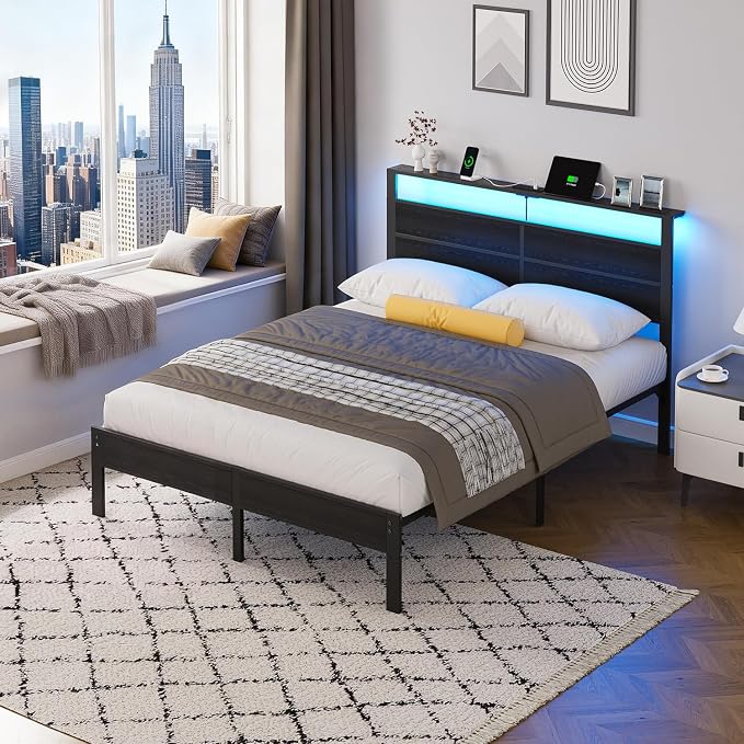 Liians Queen Size Black Metal Bed Frame with USB Type-C Charging Headboard, Smart LED Lights, Noise-Free Platform Bed, No Box Spring Needed, Easy Assembly