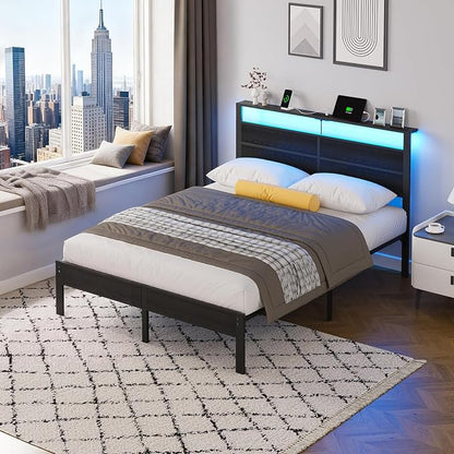 Liians Queen Size Black Metal Bed Frame with USB Type-C Charging Headboard, Smart LED Lights, Noise-Free Platform Bed, No Box Spring Needed, Easy Assembly