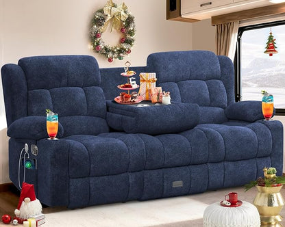 RV Loveseat Recliner Sofa, 3 Seater Reclining Sofa with Flip Back Console, Modern Reclining Couch with USB Ports, Cup Holders, Insert Pockets, RV Recliners for Travel Trailers & Living Room