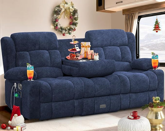RV Loveseat Recliner Sofa, 3 Seater Reclining Sofa with Flip Back Console, Modern Reclining Couch with USB Ports, Cup Holders, Insert Pockets, RV Recliners for Travel Trailers & Living Room