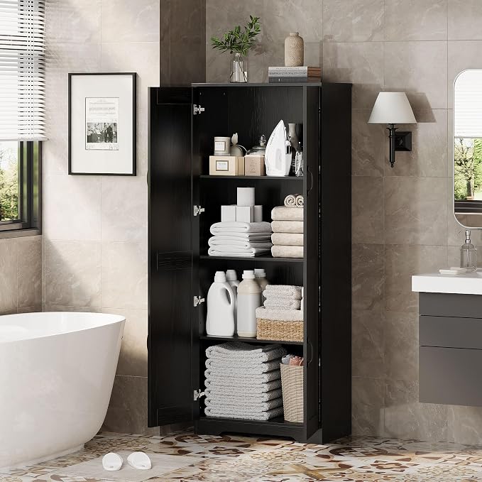 Garvee Tall Pantry Cabinet, 60" Kitchen Storage Cabinet with 2 Doors & Adjustable Shelves, Freestanding Wooden Cupboard for Bathroom，Dining Room, Living Room,Black