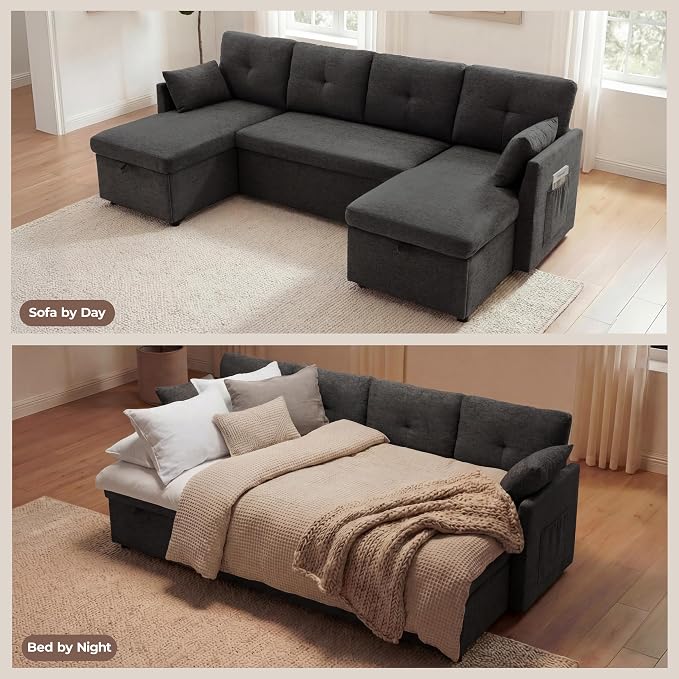 Huatean Home Oversized Sleeper Sofa Couch, 100 inch 2 in 1 Pullout Couch Bed with Side Pockets for Living Room, Sectional Sleeper Sofa Bed with Double Storage Chaise, Black