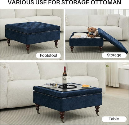 Large Square Storage Ottoman Uphlostered Tufted Button Coffee Table, Oversized Footrest Bench with Castered Rolling Wheels for Living Room, Dark Blue Chenille Waterproof
