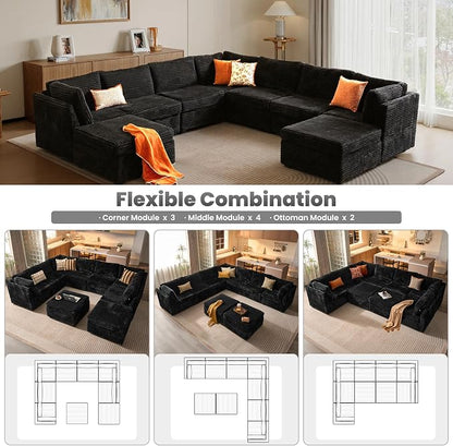 ovios Modular Sectional Sofa Couch with U-Shape Chaise Ottomans, Comfy Plush Corduroy Cloud Couches, Modern Luxury Deep Seat Sofas Set for Living Room, 9-Seater, Black