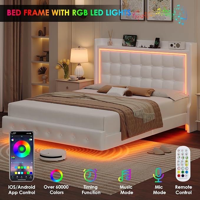 Keyluv Queen Floating Bed Frame with Storage Headboard, LED Lights & Charging Station Platform Bed, Soft Upholstered PU Leather, USB/Type-C Ports, Easy Assembly, White