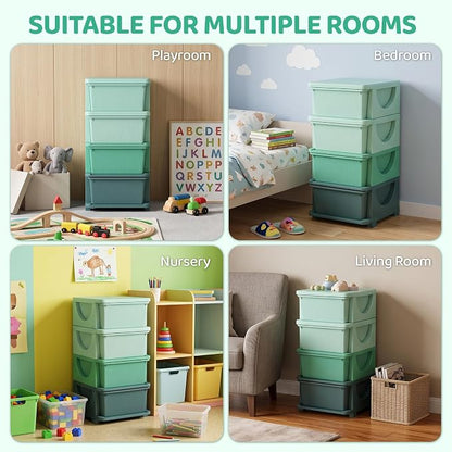 Qaba 4 Drawers Kids Storage Unit, 4 Tier Stackable Toy Organizers and Storage Chest for Bedroom, Nursery, Playroom, Living Room, Boys, Girls, Toddlers, Green