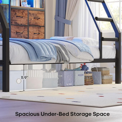 BTHFST Bunk Bed Twin Over Twin with 4 Storage Drawers & Shelves & Bedside Caddy, Twin Bunk Beds with LED Lights & Charging Station, Metal Loft Bed with Angled Ladder & Safety Guardrail, Rustic Brown