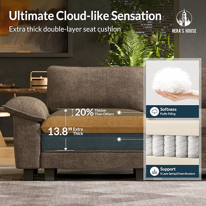 HERA'S HOUSE 124" Oversized Modular Sectional Sofa, Comfy U Shaped Couches for Living Room, Cloud Couch with Ottoman, 5-Seater Deep Seat Sofa with Throw Pillow, Chenille Grayish Brown