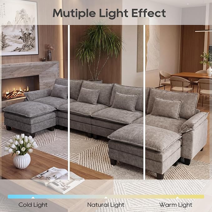 URRED Oversized Modular Sectional Sofa, 157" U Shaped Modern Comfy Cloud Couch with Movable Ottoman & Pillows, Deep Seat Couches for Living Room, Bedroom or Apartment (Chenille Gray, 157" U Shaped)