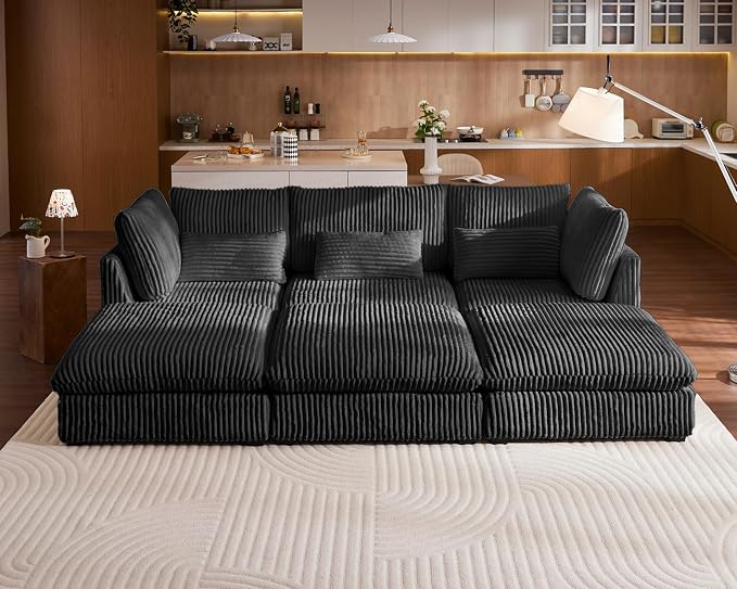 115" Oversized Corduroy Couch Modular Sectional Sofa, Washable Cloud Couch Sectional with 3 Ottoman, 6 Seater Sectional Couches for Living Room, Fully Cover Removable, Sleeper Sofa, Corduroy, Black