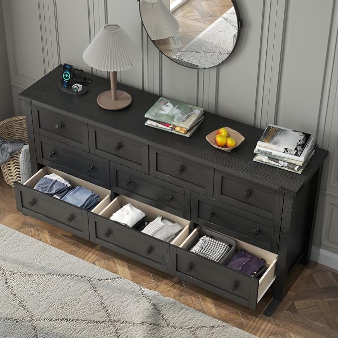 Gyfimoie 10-Drawer Dresser, 63" Farmhouse Wood Storage Chest of Drawers, Long Dresser TV Stand for TVs up to 75", Vintage Wide Dressers Organizer with Metal Handles for Bedroom, Black