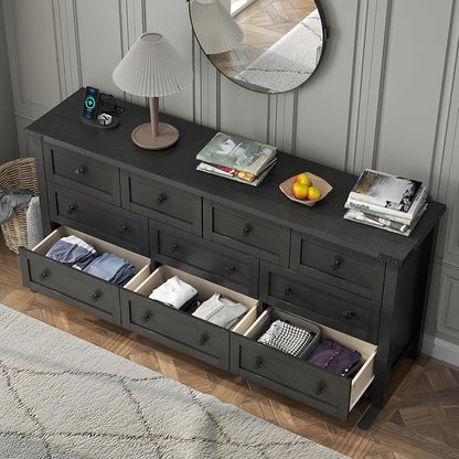 Gyfimoie 10-Drawer Dresser, 63" Farmhouse Wood Storage Chest of Drawers, Long Dresser TV Stand for TVs up to 75", Vintage Wide Dressers Organizer with Metal Handles for Bedroom, Black