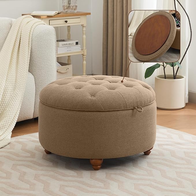 WUTUTUEE 30Inch Round Storage Ottoman with Tray, Modern Tufted Fabric Circle Coffee Table with Storage, Upholstered Ottoman with Removable Top for Living Room, Bedroom, Brown