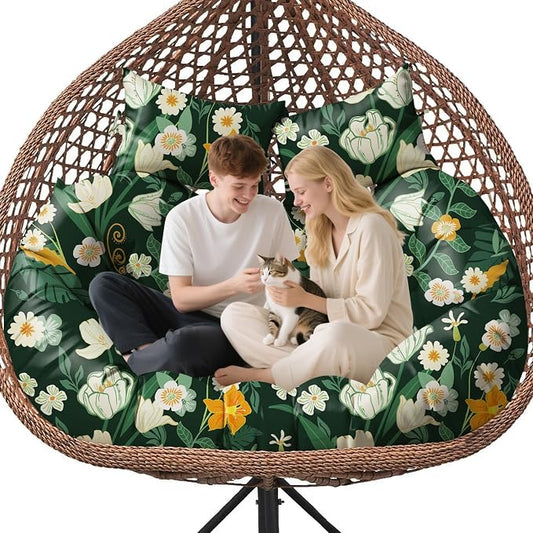 Double Egg Chair Cushion Replacement Waterproof for Outdoor Patio Hanging Basket Egg Chairs, 59x43-Inch Thickened 100% Cotton Large Double Eggs Swing Chair Cushions, Green Peony