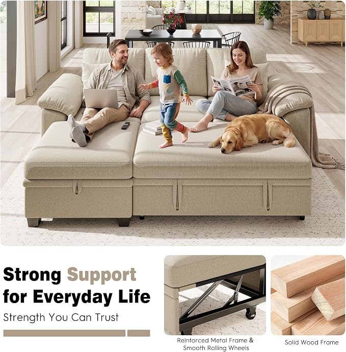Ihanherry 86" Modular Sectional Sofa with Pull Out Bed, 4-Seater L Shaped Sectional Sleeper Couch with Storage Ottoman, Chenille Convertible Couches for Living Room, Apartment (Sand)