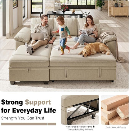 Ihanherry 86" Modular Sectional Sofa with Pull Out Bed, 4-Seater L Shaped Sectional Sleeper Couch with Storage Ottoman, Chenille Convertible Couches for Living Room, Apartment (Sand)