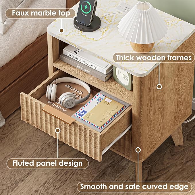 Fixwal Fluted Nightstand with Charging Station, Large Side Table with 2 Wood Drawers for Bedroom, Mid Century Modern Bedside Table, Faux Marble Top, Natural Oak, 17.7 x 13.7 x 23.6in