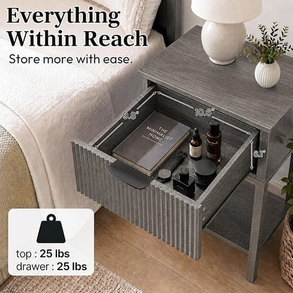 Weathered Gray 15" Wide Small Nightstand, Drawer, Open Shelf, Fluted | Weathered gray tone, ribbed fluted front, 11.8-inch slim depth, concealed storage, cool fit for sofa side or chair side