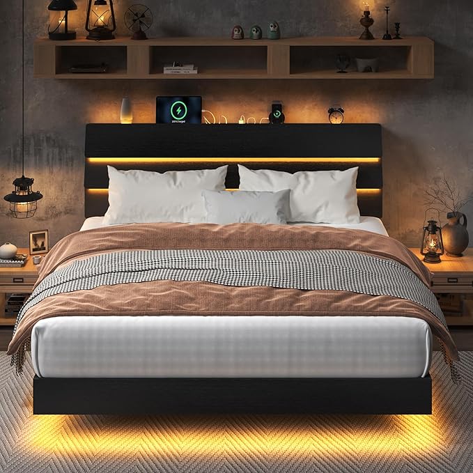 Feonase Floating Bed Frame King with Led Lights and Charging Station, Wood Full Size Bed Frame with Storage Headboard, Heavy Duty Metal Slats, No Box Spring Needed, Easy Assembly,Dark Black