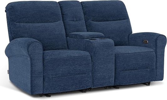 MCombo 78.3" Wall Hugger Power Loveseat Recliner Sofa with Console, Reclining Loveseat with USB Ports, Cup Holders, for Small Spaces Living Room RV, Fabric PR635M2 (Navy Blue)