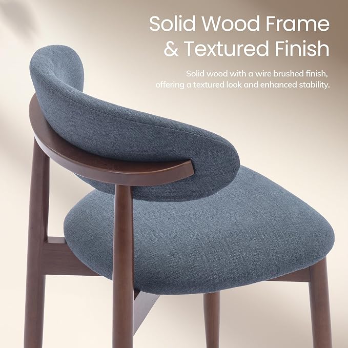 COLAMY Mid-Century Modern Wooden Dining Chair Set of 4, Indoor Upholstered Kitchen Chairs with 2.6" Cozy Padded Seat, Walnut Finish Side Dining Chair, [Blue]