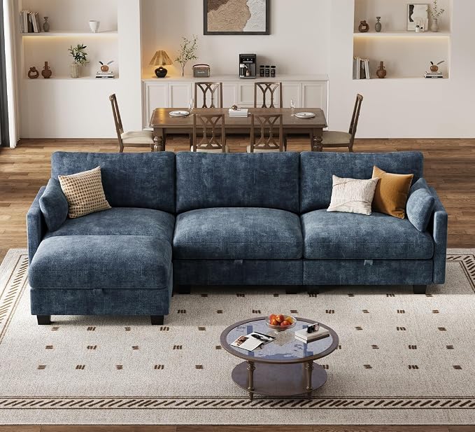 Modular Sectional L Shaped Sofa Couches for Living Room, Cloud Couch with Storage Ottoman, Comfy Chenille Sofa with Pillow, Blue