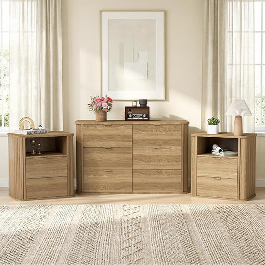 3-Piece Bedroom Furniture Set, Modern Fluted 6 Drawer Dresser & 2-Drawer Nightstands,Mid-Century Wood Storage Cabinet Set n for Bedroom, Hallway (Walnut)