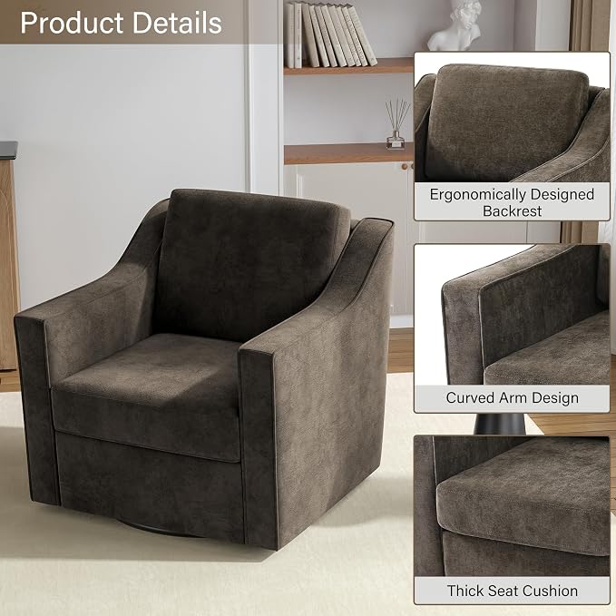 Swivel Accent Chairs Set of 2, 360° Swivel Upholstered Club Armchairs for Living Room, Comfy Single Sofa Reading Chair with Deep Seat, Metal Swivel Base, Chenille Fabric, Light Coffee