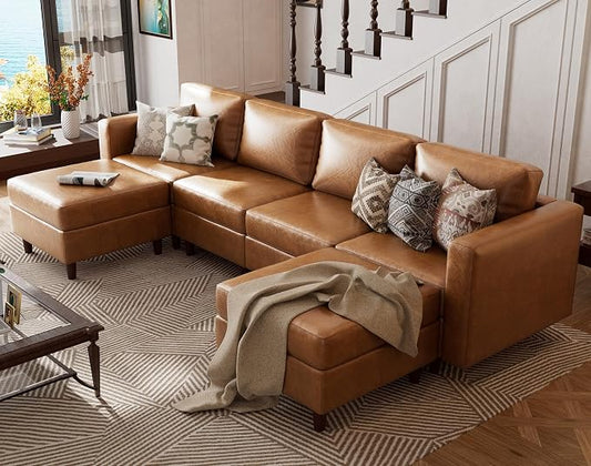ABCASA Faux Leather Sectional Couch, 118.5" 6 Seater U Shaped Modular Leather Sofa with Movable Ottoman and Storage Seat with Reversible Chaise Deep Seat for Living Room Brown