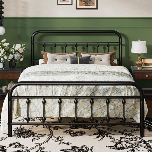 SHA CERLIN Full Size Metal Platform Bed Frame with Victorian Style Iron-Art Headboard and Footboard, Easy Assembly, Under Bed Storage, No Box Spring Required, Black
