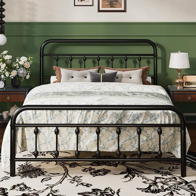 SHA CERLIN Queen Size Metal Platform Bed Frame with Victorian Style Iron-Art Headboard and Footboard, Easy Assembly, Under Bed Storage, No Box Spring Required, Black