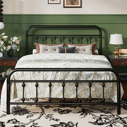 SHA CERLIN Queen Size Metal Platform Bed Frame with Victorian Style Iron-Art Headboard and Footboard, Easy Assembly, Under Bed Storage, No Box Spring Required, Black