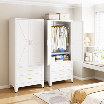 71" H Armoire Wardrobe Closet with 2 Drawers, Metal Wardrobe Closet with Doors and Adjustable Shelves, Wardrobe Cabinet with Hanging Rod, Closets for Bedroom, Laundry Room, White