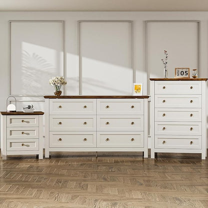 Farmhouse Dresser Nightstand Sets, 3-Piece Bedroom Furniture Set for Home | 5/6 Drawer Dresser Closet & 3 Drawer Nightstand, Chest of Drawers for Bedroom, Living Room, Entryway, Antique White