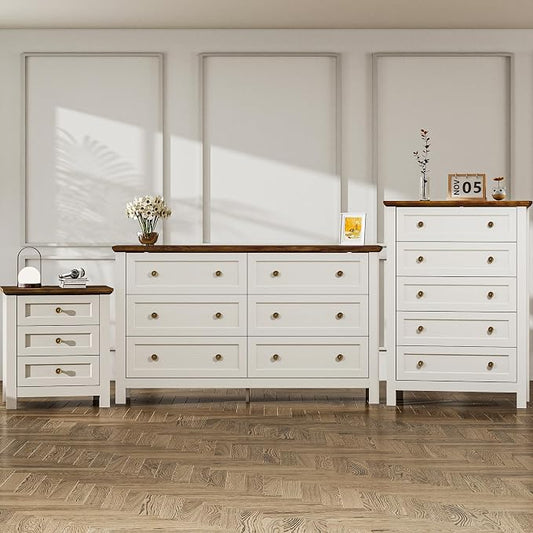 Farmhouse Dresser Nightstand Sets, 3-Piece Bedroom Furniture Set for Home | 5/6 Drawer Dresser Closet & 3 Drawer Nightstand, Chest of Drawers for Bedroom, Living Room, Entryway, Antique White